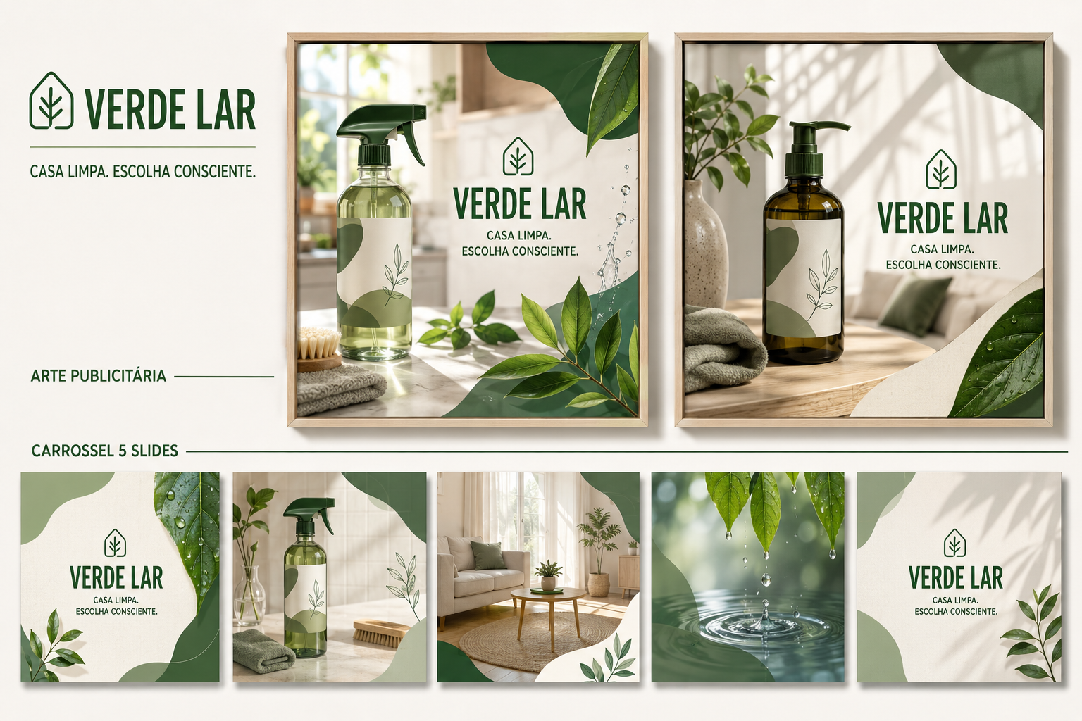 Projeto conceitual com duas artes publicitárias e carrossel de cinco slides para a marca fictícia Verde Lar