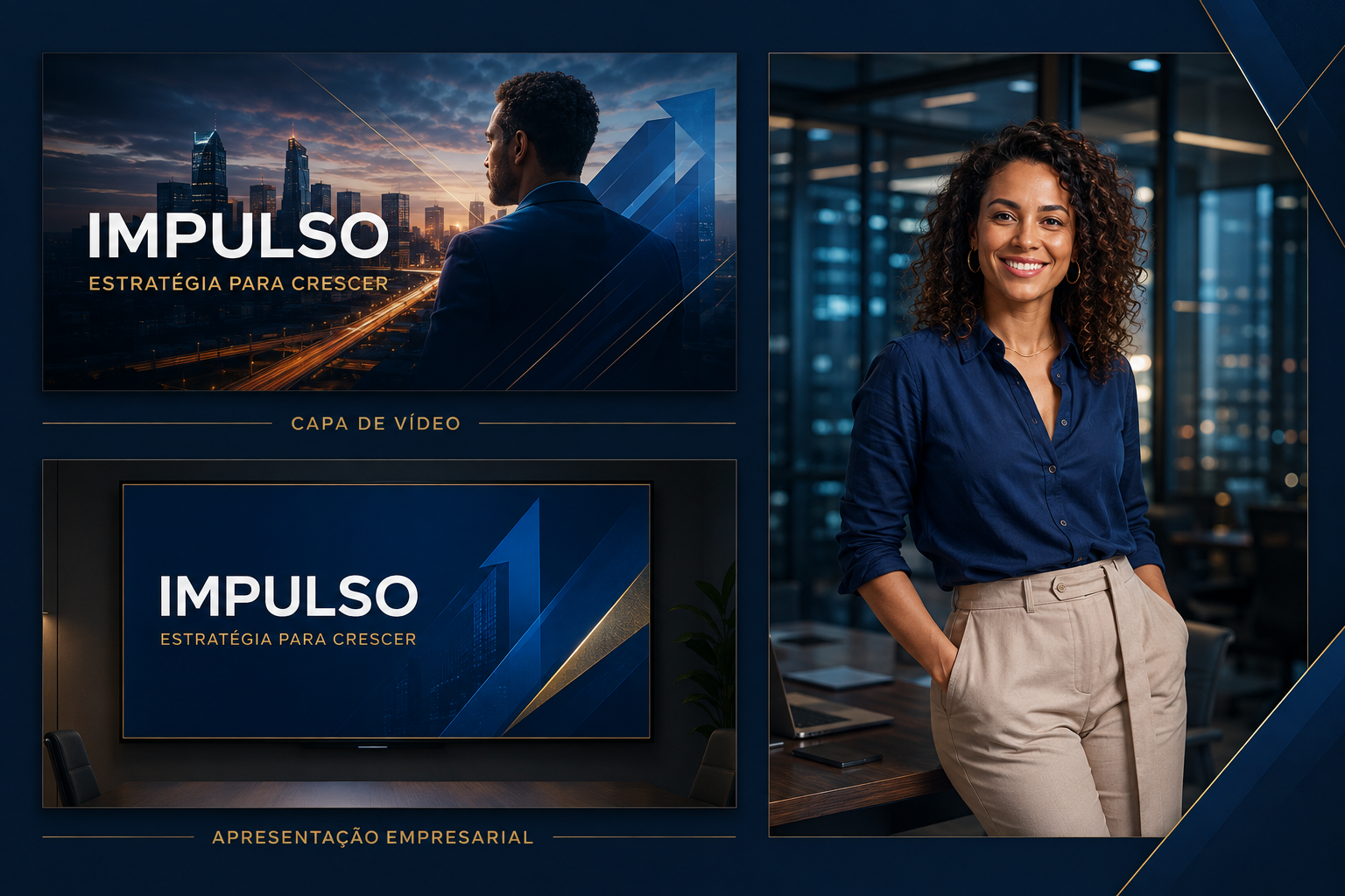 Projeto conceitual com capa de vídeo, apresentação e imagem empresarial para a marca fictícia Impulso