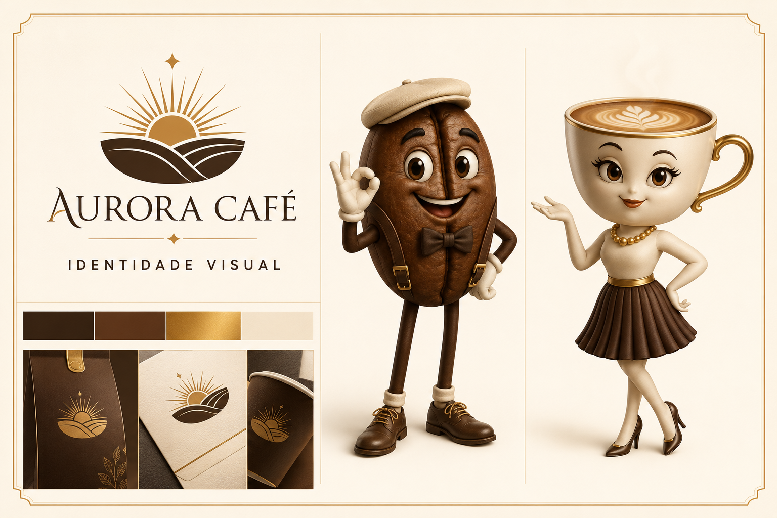 Projeto conceitual de logo e dois mascotes para a marca fictícia Aurora Café